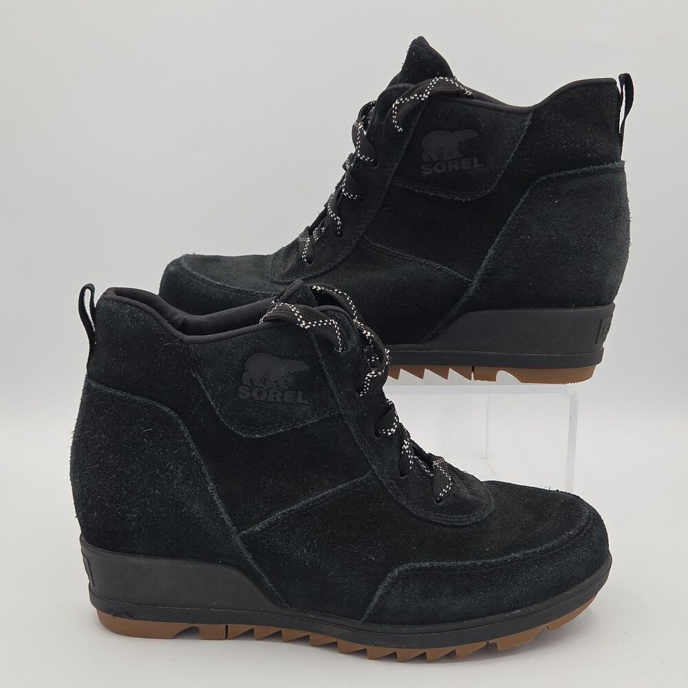 SOREL Evie Sport Lace Booties Waterproof Black Suede Wedge NL3817 Womens Sz 7.5